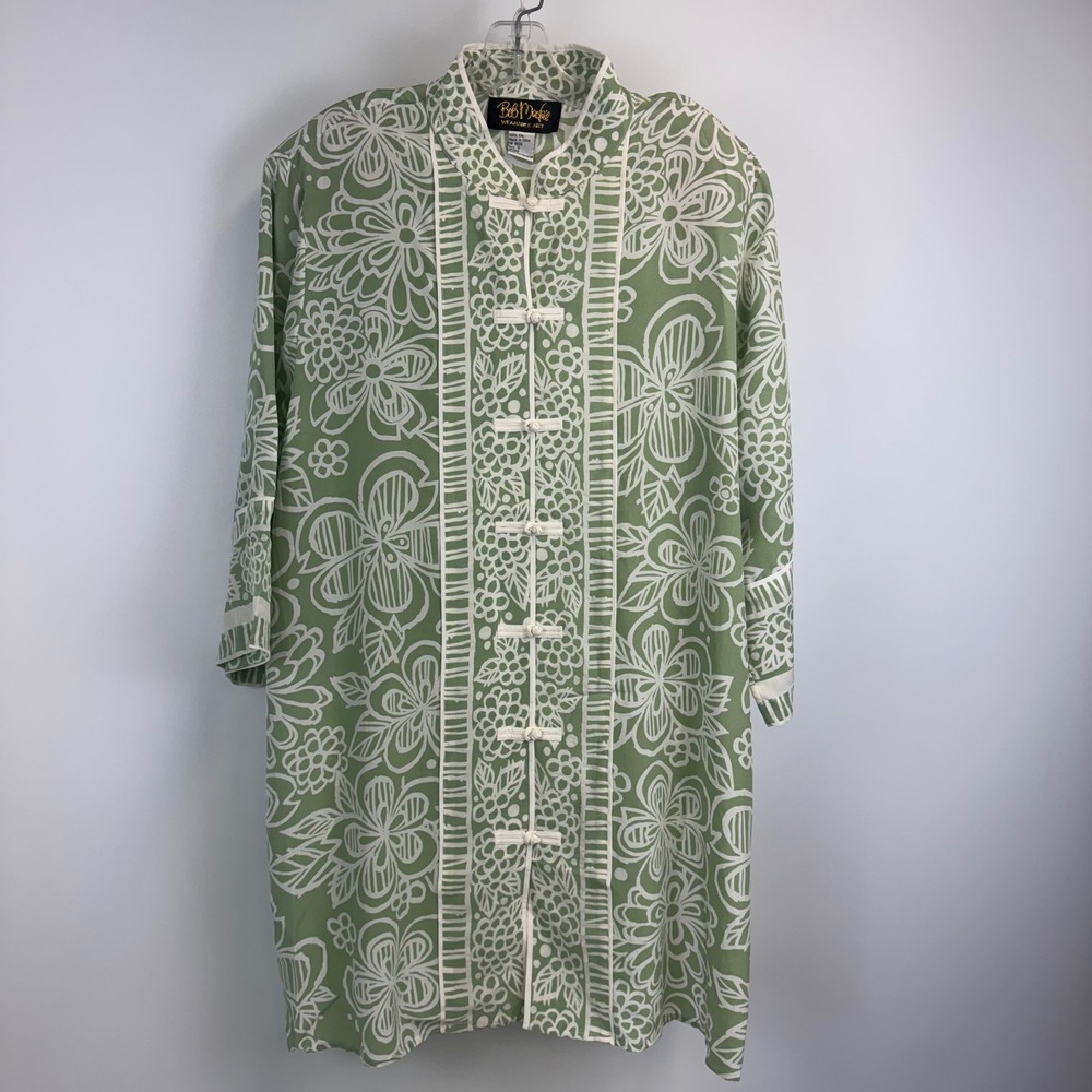 Bob Mackie Wearable Art Silk Tunic Top Sage Green Floral Frog Button 1X A52652